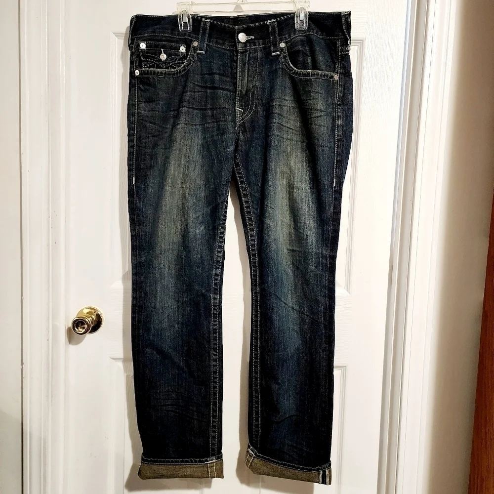 True Religion Men's Denim Blue Jeans Size 36 Slim 100% Cotton Distressed Ripped